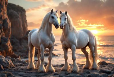 Primary subject: Two white horses standing on a beach.

Setting/background: The horses are standing on a rocky beach near the ocean.

Visual style: The image is a digital artwork.

Colors and mood: The colors are predominantly white, with some shades of brown and gray. The overall atmosphere is serene and peaceful, as the horses are enjoying their time on the beach.