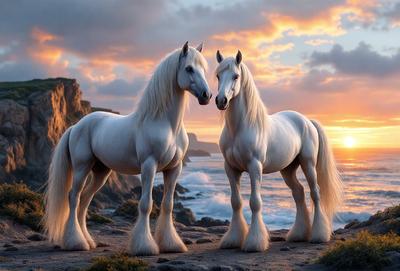 The primary subject of the image is two white horses standing next to each other on a beach. The setting is a rocky shoreline with a body of water in the background. The visual style appears to be a digital art or illustration, as the horses are depicted with a detailed and realistic appearance. The colors and mood of the image are predominantly warm and serene, with the sunset in the background adding to the overall atmosphere.