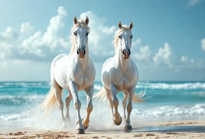 The primary subject of the image is two white horses running on a beach. The setting is a sandy beach with the ocean in the background. The visual style is a photo, capturing the horses in motion. The colors and mood of the image are predominantly white, with a hint of blue from the ocean, creating a serene and peaceful atmosphere.