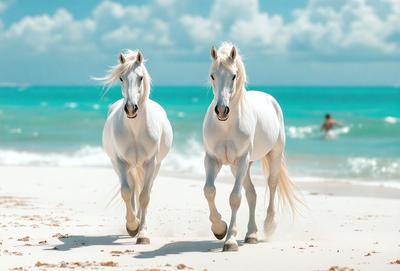 The primary subject of the image is two white horses walking on a sandy beach. The setting is a beautiful beach with a clear blue sky in the background. The visual style of the image is a photo, capturing the horses in their natural environment. The colors and mood of the image are bright and cheerful, with the white horses and blue sky creating a serene and picturesque scene.
