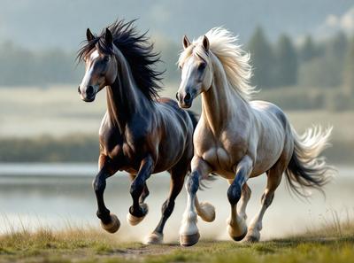 Primary subject: Two horses running in a field.

Setting/background: A grassy field with trees in the background.

Visual style: A photo of the two horses running.

Colors and mood: The image is in black and white, giving it a classic and timeless feel. The horses are running with their manes flying, creating a sense of freedom and energy.
