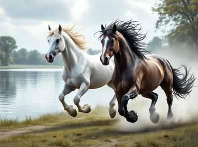 The primary subject of the image is a pair of horses running together in a grassy field near a body of water. The setting includes a lake and a forest in the background, creating a serene and natural environment. The visual style of the image is a combination of photo and digital art, giving it a realistic yet artistic appearance. The colors and mood of the image are predominantly warm and vibrant, with the horses' white and brown coats contrasting against the green grass and blue water.
