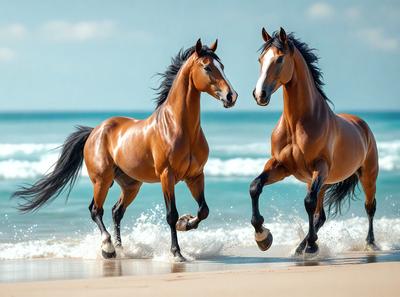 The primary subject of the image is two brown horses running on the beach. They are the main focus of the scene, with their bodies and legs prominently visible. The setting is a beach, with the ocean in the background. The visual style of the image is a photo, capturing the horses in their natural environment. The colors in the image are predominantly brown and blue, creating a calm and serene atmosphere.