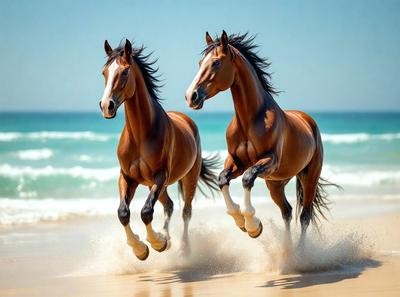 The primary subject of the image is two brown horses running on a beach. The setting is a sandy beach with the ocean in the background. The visual style is a photo, capturing the horses in motion. The colors and mood of the image are warm and energetic, as the horses are running and enjoying their time on the beach.