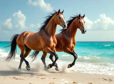 Primary subject: Two brown horses running on the beach.

Setting/background: The beach is the backdrop for the horses running.

Visual style: The image is a photo of the two horses.

Colors and mood: The colors are predominantly brown, and the mood is energetic and lively, as the horses are running and enjoying their time on the beach.