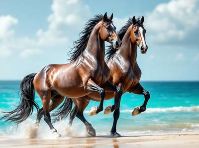 The primary subject of the image is two brown horses running on a beach. The setting is a sandy beach with a clear blue ocean in the background. The visual style is a photo, capturing the horses in motion. The colors and mood of the image are vibrant and energetic, with the horses' movement and the natural beauty of the beach creating a lively atmosphere.