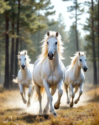 Primary subject: Three white horses running through a forest.

Setting/background: The horses are running through a forest with trees in the background.

Visual style: The image is a photo of the three white horses running through the forest.

Colors and mood: The image has a vibrant and lively atmosphere, with the white horses standing out against the green forest.