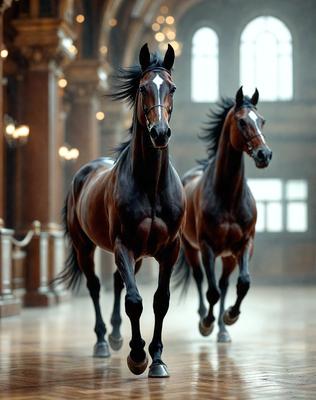 The primary subject of the image is a pair of horses walking down a hallway. The setting is an indoor environment, possibly a building or a stable. The visual style appears to be a photo, capturing the horses in motion. The colors in the image are predominantly dark, with the horses being brown and black. The overall atmosphere of the image is calm and focused on the horses' movement.