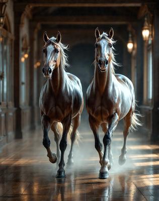 The primary subject of the image is two brown horses walking down a hallway. The setting is a hallway with a doorway visible in the background. The visual style is a photo, capturing the horses in motion. The colors and mood of the image are warm and inviting, with the brown horses being the main focus.