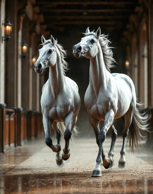 Primary subject: Two horses running down a hallway.

Setting/background: The hallway is dimly lit, and the horses are running down the middle of the hall.

Visual style: The image is a black and white photo.

Colors and mood: The mood of the image is energetic and dynamic, as the horses are captured in motion.