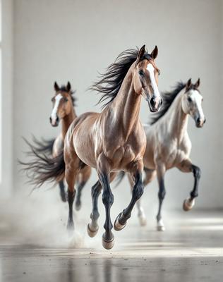 Primary subject: Three horses running in a row.

Setting/background: A white wall serves as the backdrop for the scene.

Visual style: The image is a photo of the three horses in motion.

Colors and mood: The horses are brown and white, and the overall atmosphere is energetic and dynamic.