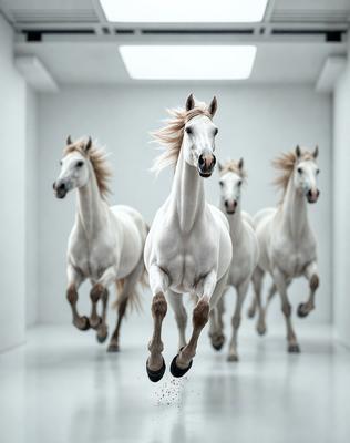 The primary subject of the image is a white horse with blonde hair, captured in motion as it runs through a white room. The setting appears to be a white room, which creates a clean and minimalistic atmosphere. The visual style of the image is a photo, showcasing the horse's movement and the room's emptiness. The colors in the image are predominantly white, which adds to the overall mood of simplicity and elegance.