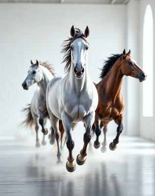 Primary subject: Horses
Setting/background: White room
Visual style: Photo
Colors and mood: White and black