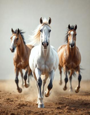 Primary subject: A white horse running in front of two brown horses.

Setting/background: The scene takes place in a dirt field.

Visual style: The image is a photo of the horses in motion.

Colors and mood: The dominant colors are brown, white, and grey, creating a sense of motion and energy.