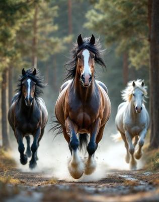 Primary subject: A brown horse with a white face, running down a dirt road.

Setting/background: The horse is running through a forest, with trees in the background.

Visual style: The image is a photo of the horse in motion.

Colors and mood: The dominant colors are brown, white, and green, with a sense of motion and energy.