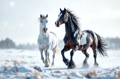 The primary subject of the image is a white horse and a brown and white horse running together in the snow. The setting is a snowy field, and the visual style appears to be a photo. The dominant colors in the image are white and brown, creating a cold and wintry atmosphere.