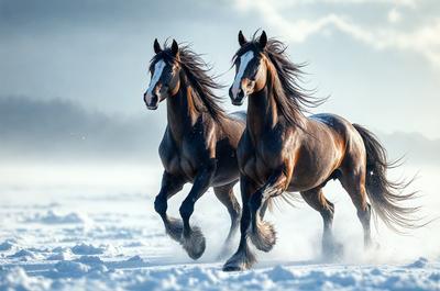 The primary subject of the image is two horses running through the snow. They are the main focus of the scene, and their movement and beauty are the central elements. The setting is a snowy landscape, with the horses running through the snow, creating a sense of motion and energy. The visual style of the image is a photo, capturing the horses in their natural environment. The colors and mood of the image are predominantly white and cold, with the snow creating a serene and tranquil atmosphere.