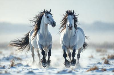 Primary subject: Two horses running in the snow.

Setting/background: The image is set in a snowy environment, with the horses running through the snow.

Visual style: The image is a photo of the two horses running in the snow.

Colors and mood: The image has a cold and wintry atmosphere, with the snow and the horses' white coats creating a sense of chilliness.