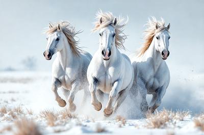 The primary subject of the image is a group of three white horses running through the snow. The setting is a snowy field, and the visual style appears to be a photo. The dominant colors are white and gray, creating a serene and cold atmosphere.
