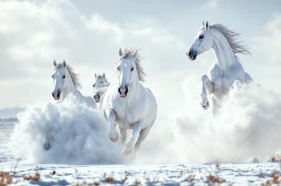 Primary subject: A group of white horses running through the snow.

Setting/background: The scene takes place in a snowy environment, with the horses running through the snow.

Visual style: The image is a photo of the horses running in the snow.

Colors and mood: The dominant colors are white and gray, with the snow creating a cold and serene atmosphere.