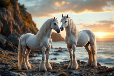 Primary subject: Two white horses standing next to each other.

Setting/background: The horses are standing on a rocky beach near the water.

Visual style: The image is a photo of the two horses.

Colors and mood: The horses are white, and the overall atmosphere is serene and peaceful.