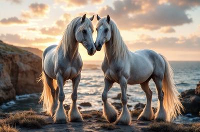 The primary subject of the image is two white horses standing next to each other on a beach. The setting is a beach with a rocky surface, and the visual style is a photo. The colors in the image are predominantly white, with some shades of gray and blue, creating a serene and peaceful atmosphere.