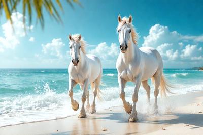 The primary subject of the image is a pair of white horses walking on a beach. The setting is a sandy beach with the ocean in the background. The visual style is a photo, capturing the horses in their natural environment. The colors and mood of the image are predominantly white, creating a serene and peaceful atmosphere.
