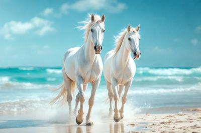 The primary subject of the image is two white horses running on the beach. The setting is a sandy beach with the ocean in the background. The visual style is a photo, capturing the horses in motion. The colors and mood of the image are predominantly white, with a hint of blue from the ocean, creating a serene and peaceful atmosphere.