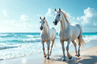 The primary subject of the image is two white horses walking along the beach. The setting is a sandy beach with the ocean in the background. The visual style is a photo, capturing the horses in their natural environment. The colors and mood of the image are predominantly white, creating a serene and peaceful atmosphere.