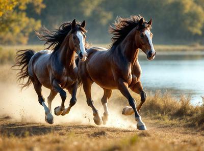 Primary subject: Two brown horses running on a dirt field.

Setting/background: The horses are running near a body of water, which is visible in the background.

Visual style: The image is a photo of the two horses running.

Colors and mood: The image has a warm and dynamic color palette, with the brown horses and the surrounding environment creating a sense of motion and energy.