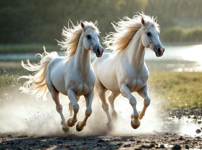 The primary subject of the image is two white horses running together in a field. The setting is a grassy area with a body of water in the background. The visual style is a photo, capturing the horses in motion. The colors and mood of the image are predominantly white, giving it a clean and serene atmosphere.