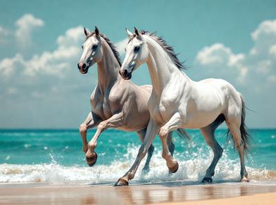 The primary subject of the image is a pair of white horses running on a beach. The setting is a beautiful ocean beach with waves crashing behind the horses. The visual style is a photo, capturing the horses in motion and the natural environment. The colors and mood of the image are predominantly white, with the horses' coats and the ocean waves creating a serene and peaceful atmosphere.