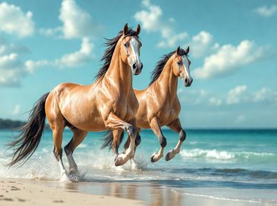 Primary subject: Two brown horses running on the beach.

Setting/background: The beach is the environment, and the ocean is the backdrop.

Visual style: The image is a photo of the two horses running on the beach.

Colors and mood: The dominant colors are brown and white, and the overall atmosphere is energetic and lively.