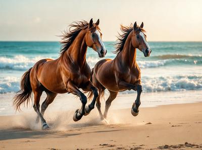 Primary subject: Two brown horses running on the beach.

Setting/background: The beach, with the ocean in the background.

Visual style: The image is a photo of the two horses running on the beach.

Colors and mood: The image has a warm and vibrant color palette, with the brown horses and the blue ocean creating a lively and energetic atmosphere.