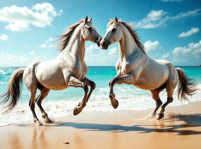 The primary subject of the image is two horses running on a beach. They are positioned close to each other, with one horse slightly ahead of the other. The setting is a beach, with the ocean visible in the background. The visual style of the image is a photo, capturing the horses in motion. The colors and mood of the image are vibrant and energetic, as the horses run freely on the sandy shore.