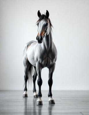 Primary subject: A horse standing on a white surface.

Setting/background: The horse is standing on a white background, which could be a white wall or a white floor.

Visual style: The image is a black and white photo.

Colors and mood: The image has a monochromatic color scheme, giving it a classic and timeless appearance. The horse's presence and posture create a sense of elegance and grace.