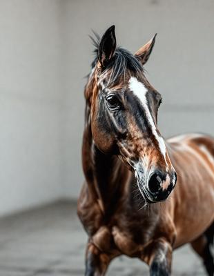 The primary subject of the image is a brown horse with a white stripe on its face. The horse is standing in a dark room, which creates a moody atmosphere. The visual style of the image is a close-up of the horse's face, emphasizing its features. The colors in the image are predominantly brown and black, with the white stripe on the horse's face adding a touch of contrast.