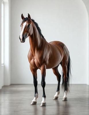 Primary subject: A brown horse with a white face standing in a white room.

Setting/background: The horse is standing in a white room, which appears to be a studio or a room with a white wall.

Visual style: The image is a photo of the horse in the white room.

Colors and mood: The dominant colors in the image are white and brown, with the white wall and brown horse creating a clean and natural atmosphere.