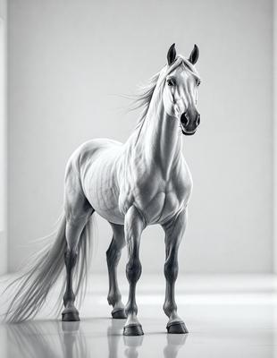 Primary subject: A white horse with a flowing mane.

Setting/background: The horse is standing in front of a white wall.

Visual style: The image is a digital art or illustration of a white horse.

Colors and mood: The image is predominantly white, giving it a clean and minimalist appearance.