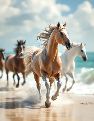 The primary subject of the image is a brown horse running on a beach. The setting is a beach with the ocean in the background. The visual style is a photo, capturing the horse in motion. The colors and mood of the image are dominated by the beach's natural colors, such as sand, water, and sky, creating a serene and relaxing atmosphere.