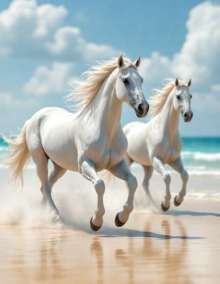 The primary subject of the image is a pair of white horses running on a beach. The setting is a sandy beach with the ocean in the background. The visual style is a photo, capturing the horses in motion. The colors and mood of the image are predominantly white, with the horses' white coats and the white sand on the beach creating a serene and peaceful atmosphere.