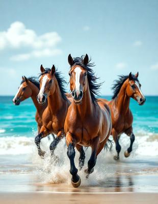 The primary subject of the image is a group of four horses running through the ocean. They are galloping in the water, creating a dynamic and exciting scene. The setting is the ocean, with the water providing a unique and refreshing backdrop for the horses. The visual style of the image is a photo, capturing the horses in their natural environment. The colors and mood of the image are vibrant and energetic, as the horses and the ocean create a lively atmosphere.