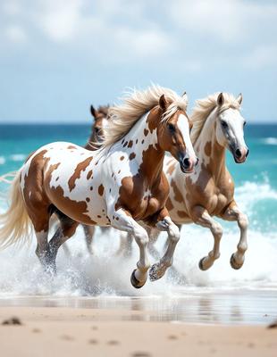The primary subject of the image is a group of three horses running on a beach. The setting is a sandy beach with the ocean in the background. The visual style is a photo, capturing the horses in motion. The colors and mood of the image are predominantly warm and vibrant, with the horses' white and brown spots contrasting against the sandy beach and the blue ocean.