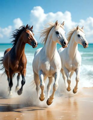 The primary subject of the image is a group of three white horses running on a beach. The setting is a sandy beach with the ocean in the background. The visual style is a photo, capturing the horses in motion. The colors and mood of the image are predominantly white and light blue, creating a serene and peaceful atmosphere.
