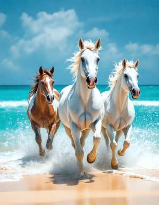 The primary subject of the image is a group of three white horses running along the beach. The setting is a beautiful beach with a clear blue ocean in the background. The visual style of the image is a photo, capturing the horses in motion. The colors and mood of the image are vibrant and lively, with the white horses standing out against the blue ocean and sandy beach.