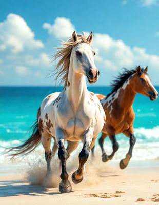 The primary subject of the image is a white and brown horse running on a beach. The setting is a beautiful beach with the ocean in the background. The visual style of the image is a photo, capturing the horse in motion. The colors and mood of the image are vibrant and energetic, with the white and brown horse standing out against the blue ocean and sandy beach.