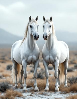 Primary subject: Two white horses standing next to each other.

Setting/background: A grassy field with mountains in the background.

Visual style: A photo of the two horses.

Colors and mood: The horses are white, and the overall atmosphere is calm and serene.