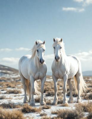 The primary subject of the image is two white horses standing in a snowy field. The setting is a snowy landscape, and the visual style appears to be a photo. The horses are the main focus of the image, and their white color contrasts with the snowy background. The overall atmosphere of the image is serene and picturesque.