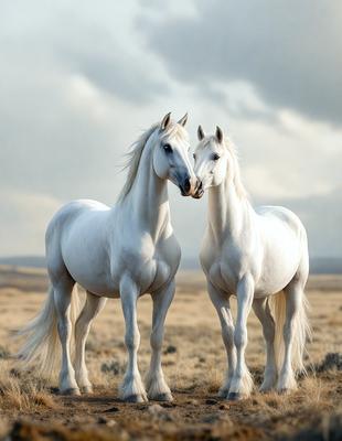 Primary subject: Two white horses standing next to each other in a field.

Setting/background: The horses are standing in a grassy field, with a cloudy sky in the background.

Visual style: The image is a photo of the two horses.

Colors and mood: The horses are predominantly white, and the overall atmosphere is calm and serene.