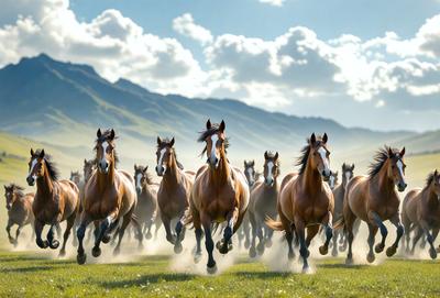 The primary subject of the image is a herd of horses running through a grassy field. The setting is a mountainous area, with the horses running across a lush green field. The visual style of the image is a photo, capturing the horses in motion. The colors and mood of the image are vibrant and energetic, as the horses gallop through the field.